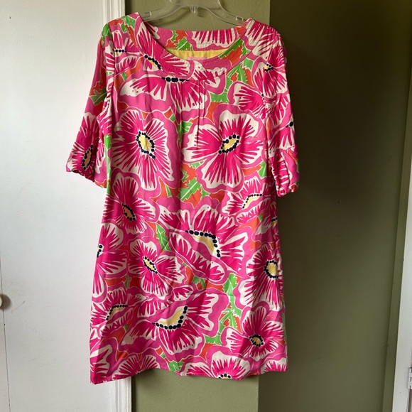 Lilly Pulitzer Dresses & Skirts - Lilly Pulitzer Silk Pink and Green Floral 3/4 Sleeve Tunic Dress Top Sz